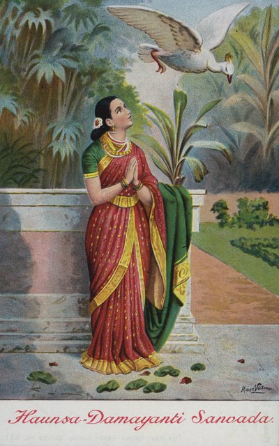 De vogel Haunsa prijst de deugden van koning Nala aan Damayanti in haar tuin door Raja Ravi Varma